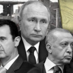 Photo composition: Syrian President Bashar al-Assad (left), Russian President Vladimir Putin (center) and Turkish President Recep Tayyip Erdoğan (right), in the background the Syrian flag, a destroyed building and armed people. Photo: The Cradle.
