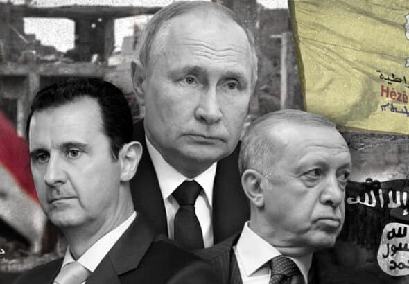 Photo composition: Syrian President Bashar al-Assad (left), Russian President Vladimir Putin (center) and Turkish President Recep Tayyip Erdoğan (right), in the background the Syrian flag, a destroyed building and armed people. Photo: The Cradle.