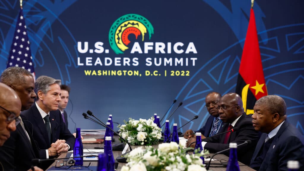US Secretary of State Antony Blinken and US Defense Secretary Lloyd Austin (Center Left) meet with Angolan President Joao Lourenco (Right) during the US Africa Leaders Summit 2022, Tuesday, Dec. 13, 2022, in Washington. Photo: Evelyn Hockstein/AP/Pool.
