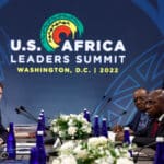 US Secretary of State Antony Blinken and US Defense Secretary Lloyd Austin (Center Left) meet with Angolan President Joao Lourenco (Right) during the US Africa Leaders Summit 2022, Tuesday, Dec. 13, 2022, in Washington. Photo: Evelyn Hockstein/AP/Pool.