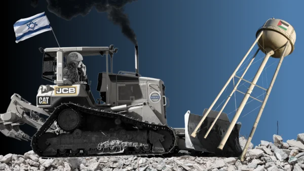 Photo composition showing a bulldozer holding an Israel flag and a falling water tank with a Palestinian flag. File photo.