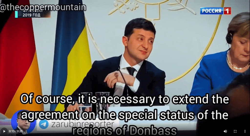Volodomyr Zelensky smirks at December 2019 meeting in Paris as Vladimir Putin discusses the Minsk Agreement. Photo: Telegram Zarubin Reporter.