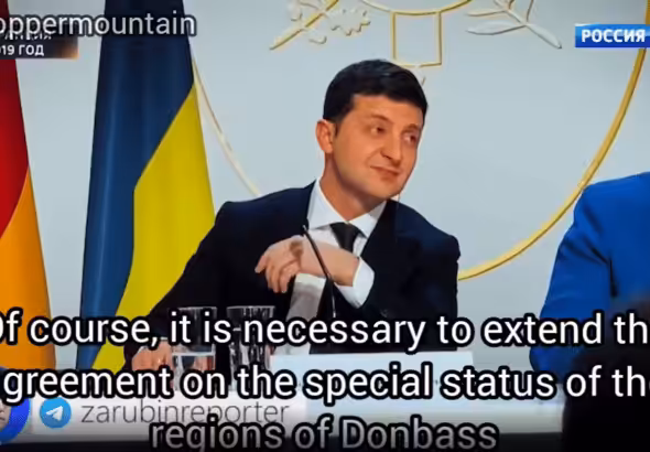 Volodomyr Zelensky smirks at December 2019 meeting in Paris as Vladimir Putin discusses the Minsk Agreement. Photo: Telegram Zarubin Reporter.