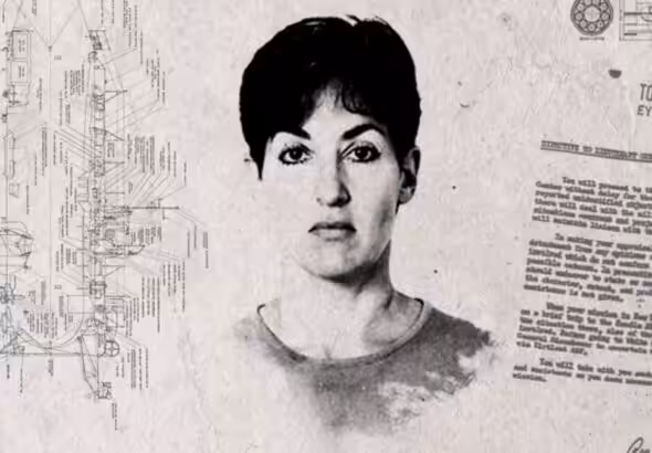 Photo composition in sepia with the face of Ana Belén Montes, a document labeled “top secret” and another sheet of paper containing a complex diagram. Photo: CNN.