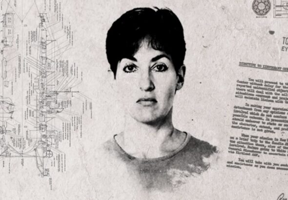 Photo composition in sepia with the face of Ana Belén Montes, a document labeled “top secret” and another sheet of paper containing a complex diagram. Photo: CNN.