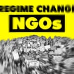 Photo composition showing a big group of protesters on a yellow background and a caption reading "Regime Change NGOs." Photo: YouTube/@BuddhiMedia.