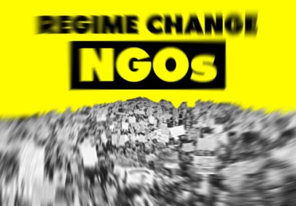 Photo composition showing a big group of protesters on a yellow background and a caption reading "Regime Change NGOs." Photo: YouTube/@BuddhiMedia.