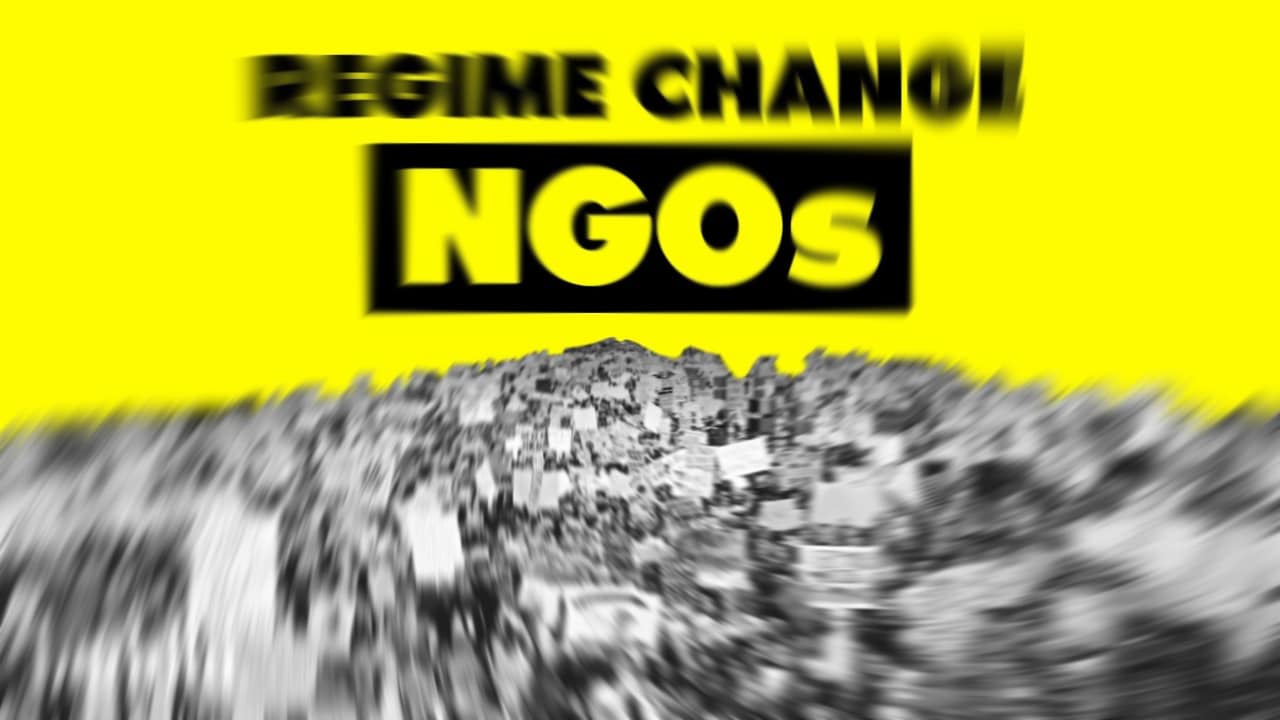 Photo composition showing a big group of protesters on a yellow background and a caption reading "Regime Change NGOs." Photo: YouTube/@BuddhiMedia.