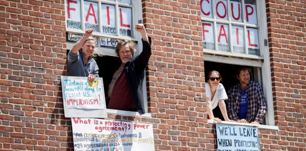 The remaining four members of the Embassy Protection Collective who held down the embassy until they were evicted and arrested by the US Secret Service. Photo: Peoples Dispatch.