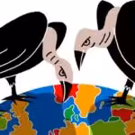 Animation of two vultures towering over the Earth, representing vulture funds. Photo: Luba Lukova. 