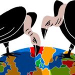 Animation of two vultures towering over the Earth, representing vulture funds. Photo: Luba Lukova. 