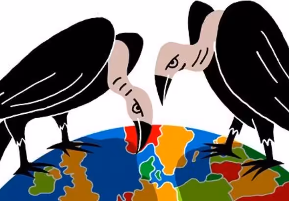 Animation of two vultures towering over the Earth, representing vulture funds. Photo: Luba Lukova. 