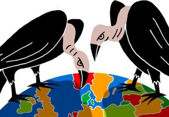 Animation of two vultures towering over the Earth, representing vulture funds. Photo: Luba Lukova. 