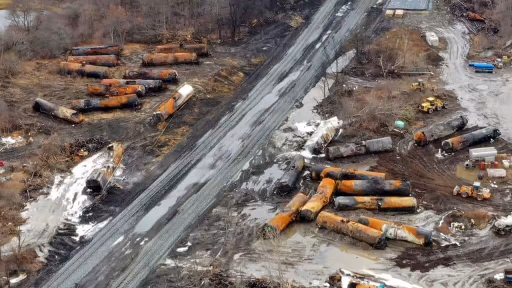 This February 9 photo, taken with a drone, shows the continuing cleanup of portions of the Norfolk Southern freight train that derailed in East Palestine, Ohio, on the night of February 3, 2023. Photo: AP/Gene J. Puskar.