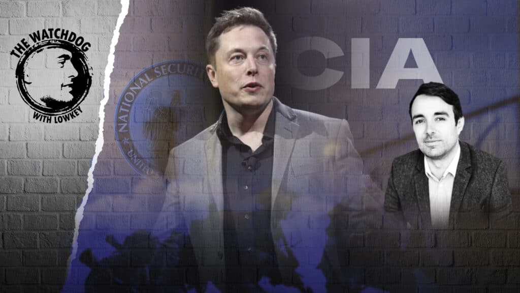 Lowkey’s podcast logo (left), Elon Musk (center) over a “National Security State” and CIA logos as well as Alan Macleod (right). Photo: MintPress News.