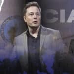 Lowkey’s podcast logo (left), Elon Musk (center) over a “National Security State” and CIA logos as well as Alan Macleod (right). Photo: MintPress News.