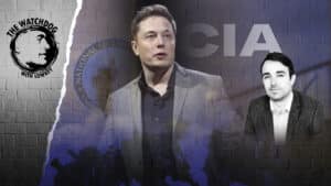 Lowkey’s podcast logo (left), Elon Musk (center) over a “National Security State” and CIA logos as well as Alan Macleod (right). Photo: MintPress News.