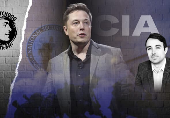 Lowkey’s podcast logo (left), Elon Musk (center) over a “National Security State” and CIA logos as well as Alan Macleod (right). Photo: MintPress News.