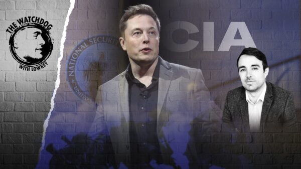 Lowkey’s podcast logo (left), Elon Musk (center) over a “National Security State” and CIA logos as well as Alan Macleod (right). Photo: MintPress News.
