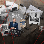 Mike Pompeo's book along with some photos of the US Empire's crimes against humanity. Photo: Al Mayadeen.