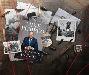 Mike Pompeo's book along with some photos of the US Empire's crimes against humanity. Photo: Al Mayadeen.