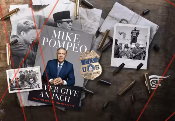 Mike Pompeo's book along with some photos of the US Empire's crimes against humanity. Photo: Al Mayadeen.