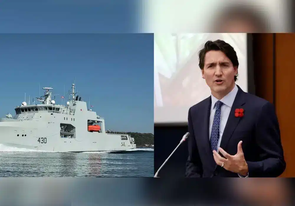 Photo composition: Royal Canadian Navy vessels (left) and Justin Trudeau (right). File photo.