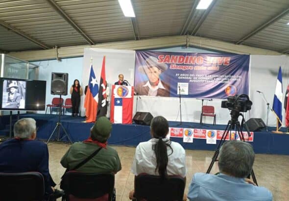 Featured image: Activists speak at an event held by Chilean trade unions and social movements in honor of Nicaraguan revolutionary hero Augusto César Sandino, Santiago, Chile, February 21, 2023. Photo: Prensa Latina.
