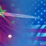 Flags of China and USA, with a weather balloon and jet streams of a fighter jet superposed on them. Photo: NEO.