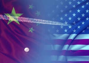 Flags of China and USA, with a weather balloon and jet streams of a fighter jet superposed on them. Photo: NEO.
