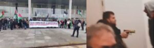 Screenshots from videos showing students of Complutense University of Madrid protesting against the visit of the Israeli ambassador to Spain (left) and a man with a gun threatening the students (right). Photo composition: Orinoco Tribune.
