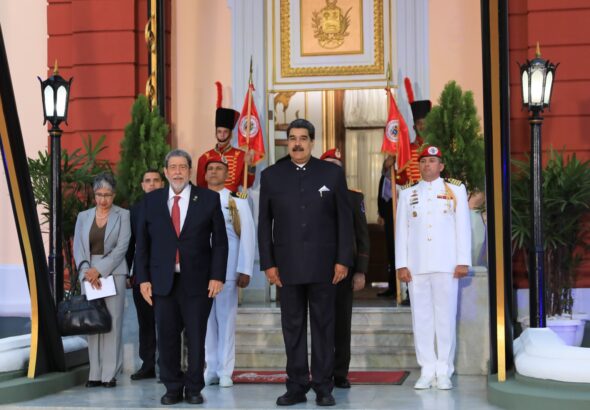 Prime minister of Saint Vincent and the Grenadines and president pro tempore of CELAC, Ralph Gonsalves, being greeted by Venezuelan President Nicolas Maduro at Miraflores Palaces in Caracas, February 7, 2023. Photo: Venezuela's Presidential Press.