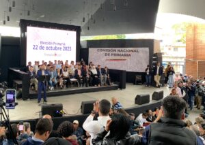 The moment when the Unitary Platform's primaries committee announced the date for the so awaited primaries of the Venezuelan far-right groups. Photo: Twitter/@cnprimariave.