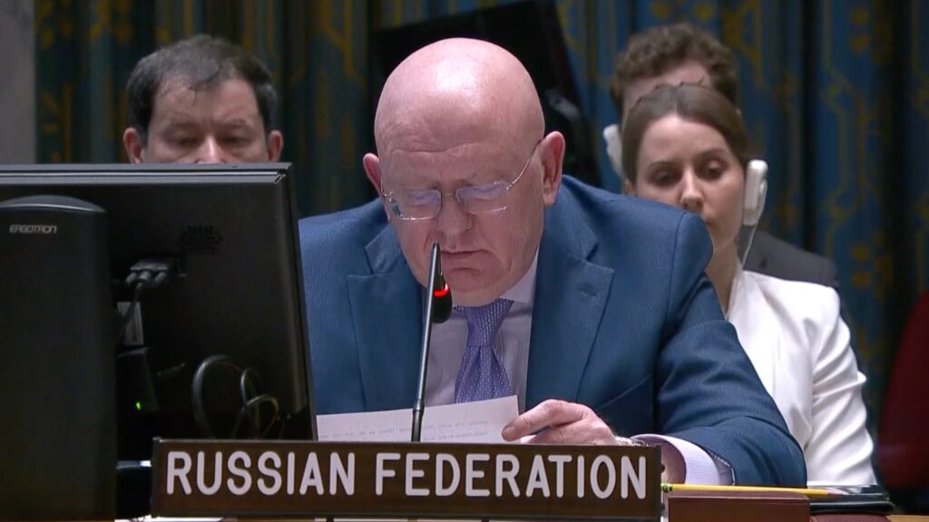 Russian ambassador to United Nations, Vasily Nebenzya, during special Security Council meeting. Photo: Twitter/@RussiaUN.