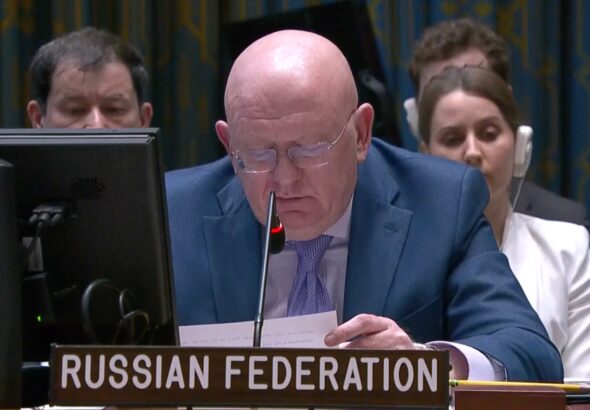 Russian ambassador to United Nations, Vasily Nebenzya, during special Security Council meeting. Photo: Twitter/@RussiaUN.