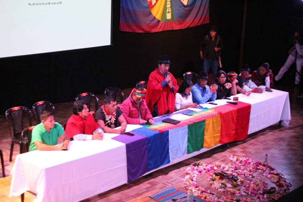 CONAIE leader, Leonidas Iza, giving his speech during the talks with the Ecuadorian government. Photo: CONAIE.