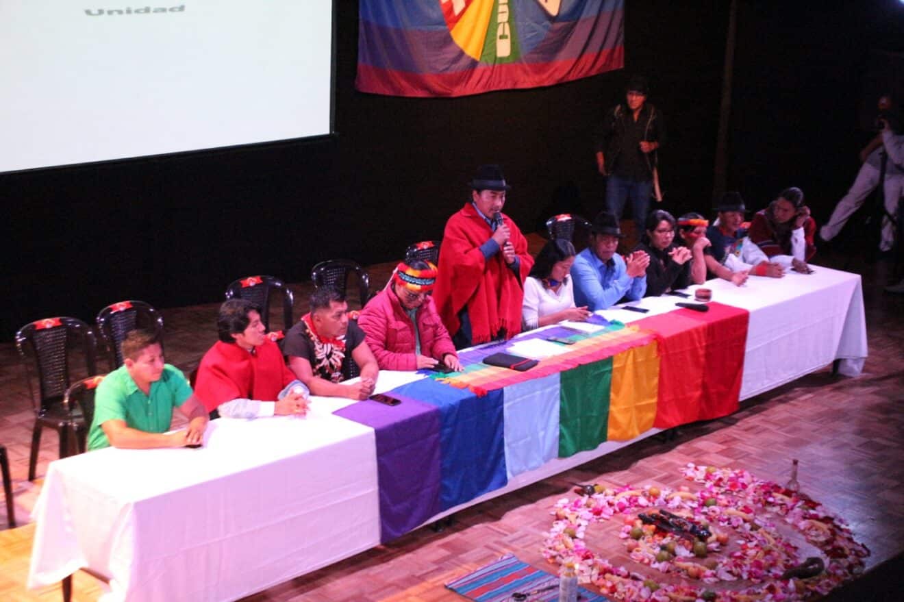 CONAIE leader, Leonidas Iza, giving his speech during the talks with the Ecuadorian government. Photo: CONAIE.