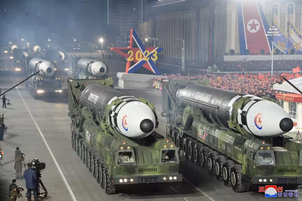 Intercontinental ballistic missiles are displayed during a military parade to mark the 75th founding anniversary of North Korea’s army at Kim Il Sung Square in Pyongyang, North Korea, Wednesday, Feb. 8, 2023. Photo: Korean Central News Agency/Korea News Service via AP.