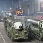 Intercontinental ballistic missiles are displayed during a military parade to mark the 75th founding anniversary of North Korea’s army at Kim Il Sung Square in Pyongyang, North Korea, Wednesday, Feb. 8, 2023. Photo: Korean Central News Agency/Korea News Service via AP.