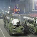 Intercontinental ballistic missiles are displayed during a military parade to mark the 75th founding anniversary of North Korea’s army at Kim Il Sung Square in Pyongyang, North Korea, Wednesday, Feb. 8, 2023. Photo: Korean Central News Agency/Korea News Service via AP.