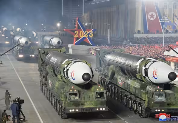 Intercontinental ballistic missiles are displayed during a military parade to mark the 75th founding anniversary of North Korea’s army at Kim Il Sung Square in Pyongyang, North Korea, Wednesday, Feb. 8, 2023. Photo: Korean Central News Agency/Korea News Service via AP.