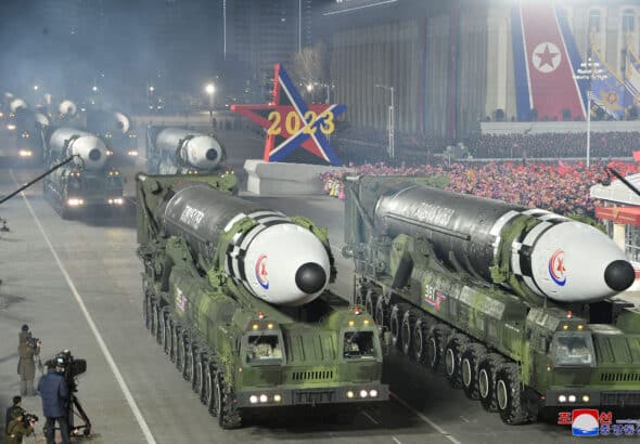 Intercontinental ballistic missiles are displayed during a military parade to mark the 75th founding anniversary of North Korea’s army at Kim Il Sung Square in Pyongyang, North Korea, Wednesday, Feb. 8, 2023. Photo: Korean Central News Agency/Korea News Service via AP.
