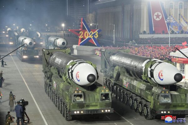 Intercontinental ballistic missiles are displayed during a military parade to mark the 75th founding anniversary of North Korea’s army at Kim Il Sung Square in Pyongyang, North Korea, Wednesday, Feb. 8, 2023. Photo: Korean Central News Agency/Korea News Service via AP.