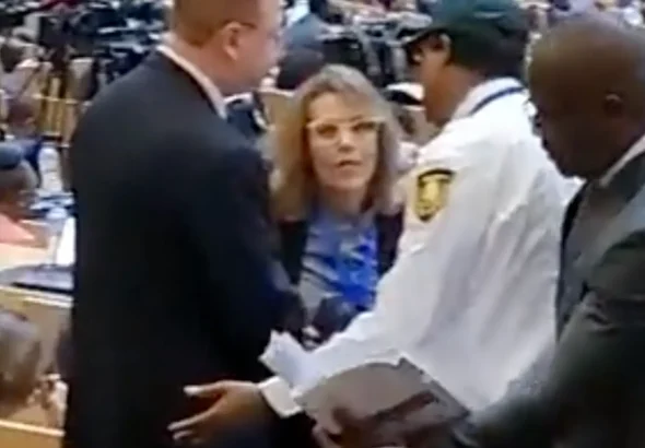 Israeli diplomat Sharon Bar-Li being asked to leave the African Union Summit, in Addis Ababa, Ethiopia, February 18, 2023. Photo: Social media.