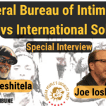 Banner for Orinoco Tribune's interview with Omali Yeshitela (APSP) (left) and Joe Iosbaker (FRSO) (right), with a caption that reads: "Federal Bureau of Intimidation vs. International Solidarity." Photo: Orinoco Tribune.