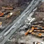 An aerial image from a drone shows the cars of the derailed train and the ongoing clean-up operation in East Palestine, Ohio. Photo: AP/Gene J. Puskar.