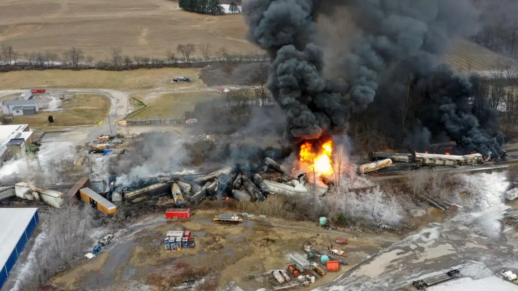 Aerial view of cars of the derailed Norfolk Southern freight train on fire in East Palestine, Ohio, February 4, 2023. Photo: AP/Gene J Puskar.