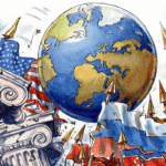 Cartoon showing the Earth surrounded by shaking flags, with a US flag on the left and Chinese, Russian, South Korean, North Korean and Japanese flags on the right. Photo: Ingram Pinn.