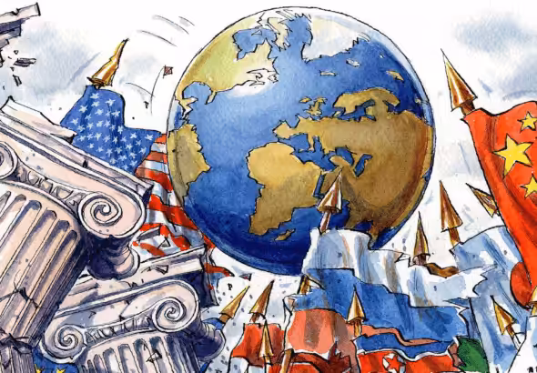 Cartoon showing the Earth surrounded by shaking flags, with a US flag on the left and Chinese, Russian, South Korean, North Korean and Japanese flags on the right. Photo: Ingram Pinn.