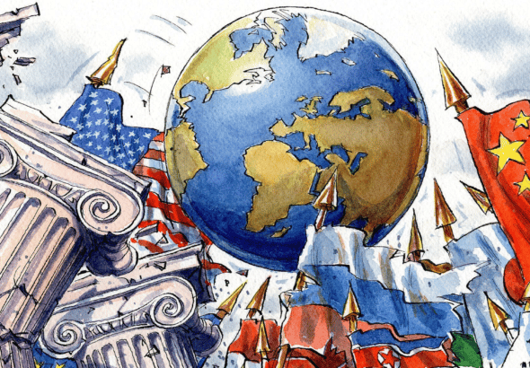 Cartoon showing the Earth surrounded by shaking flags, with a US flag on the left and Chinese, Russian, South Korean, North Korean and Japanese flags on the right. Photo: Ingram Pinn.